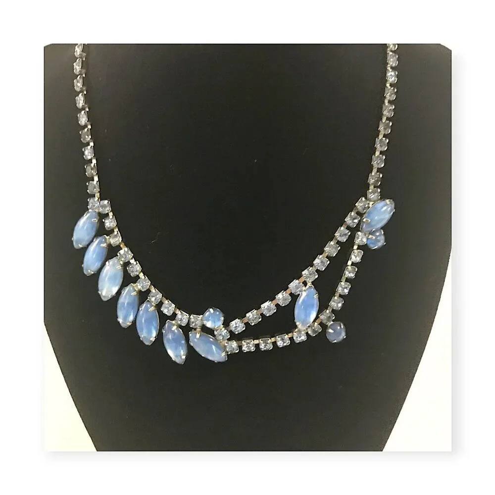 1950s Vintage Blue Moonglow Glass & Rhinestone Necklace